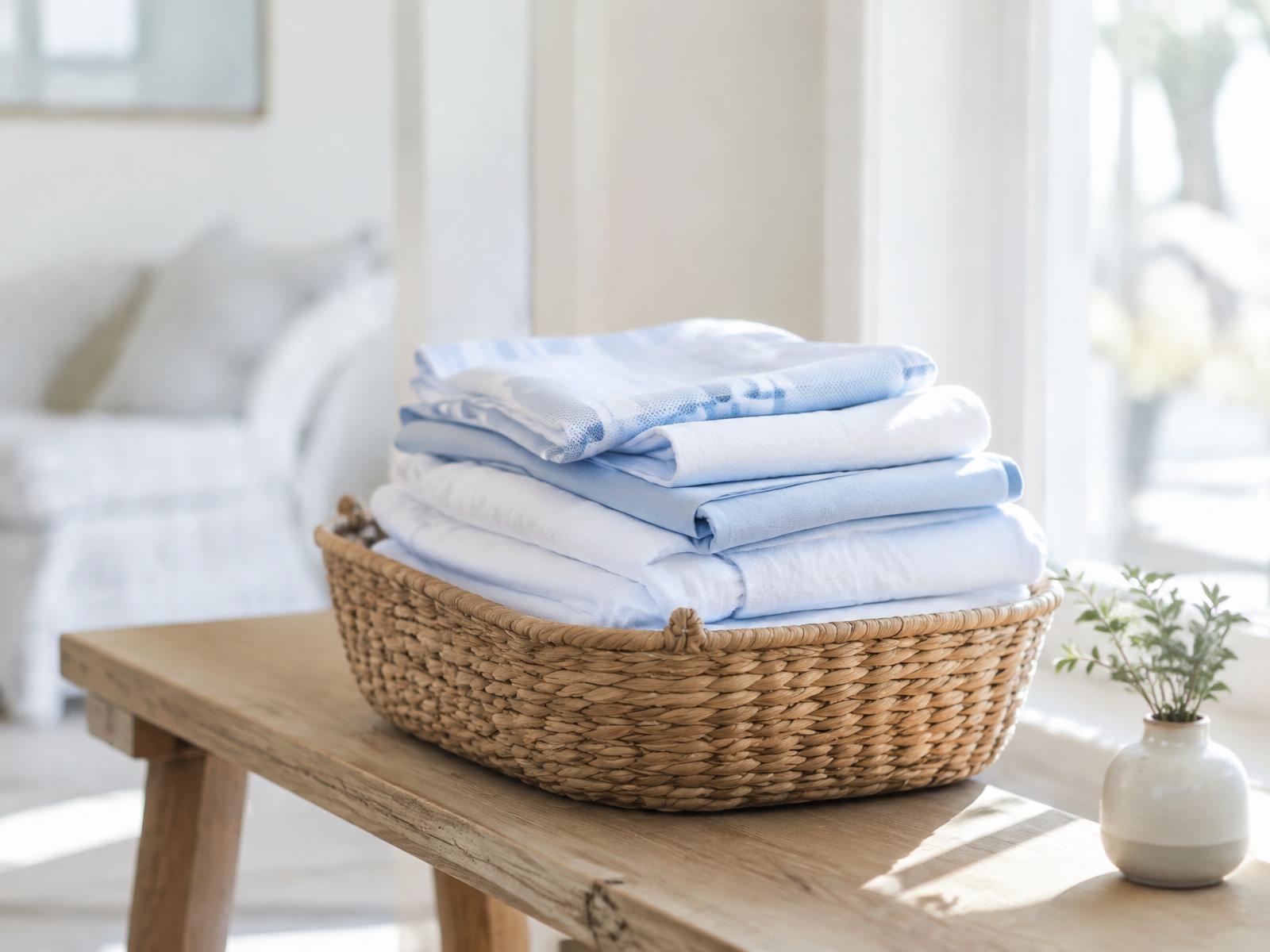 Freshly folded towels and linens in a woven basket